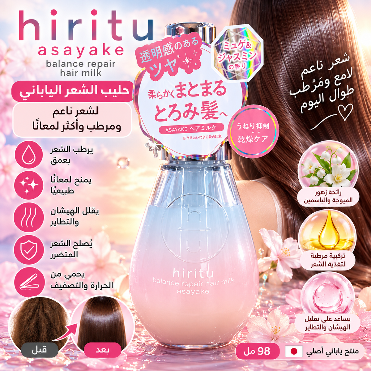🌸 حليب Hiritsu Asayake الياباني لترطيب الشعر وتنعيمه 🇯🇵